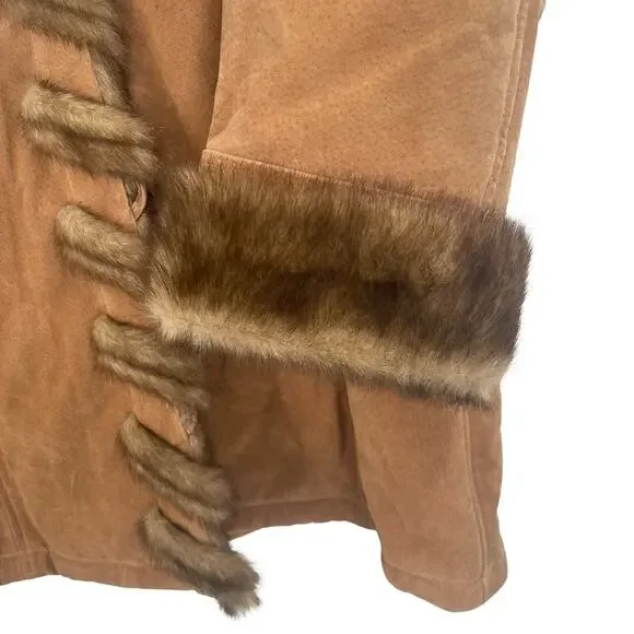 ✨ NWT Vintage Dennis Basso Suede Leather Faux Fur Lined Hooded Heavy Coat Medium - Picture 2 of 9